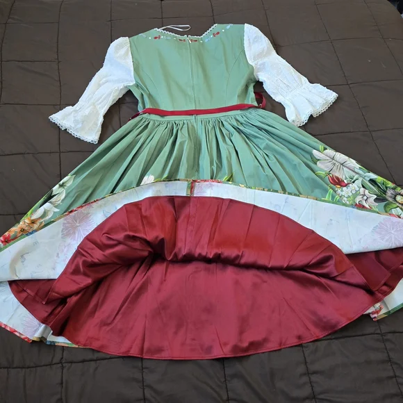 Disney Green Floral Midi Dress with Red Waist Sash - Picture 2 of 2